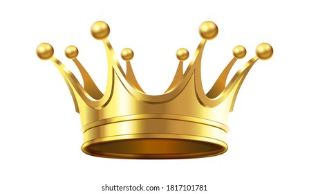 Realistic gold crown for royal family members. Accessory for monarch luxury coronation ceremony. Realistic 3d diadem for queen or king, prince or princess isolated on white vector illustration