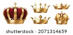 Realistic gold crowns set. Crowning headdress for king and queen. Royal golden noble aristocrat monarchy red jewel crowns. Monarch jewels royalty luxury coronation. 3d vector illustration