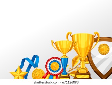 Realistic gold cup and other awards. Background with place for text for sports or corporate competitions.