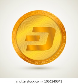 Realistic gold Dash icon. Cryptocurrency.  Digital currency. Virtual money. Golden coins. Blockchain technology. Easy to use vector element of design for websites, social media, apps, etc.