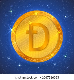Realistic gold dashcoin icon in space. Cryptocurrency.  Digital currency. Virtual money. Golden coins. Blockchain technology. Easy to use design template for your business projects.