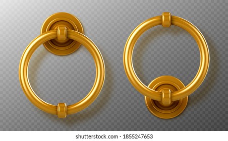 Realistic gold door knocker handles, golden ring knobs, shiny vintage metal doorknob, element for interior or exterior design isolated on transparent background, 3d vector illustration, icon, clipart