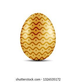 Realistic gold Easter chicken egg with drawing waves ornate. Vector illustration isolated on white background. Template golden egg. 