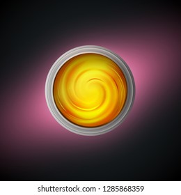 Realistic Gold Eyeshadow for brand promotion magazine catalog. Golden Honey Cream smears top view, premium skin care cosmetics. Bronze Highlighter template. Luxury beauty symbol. Vector Illustration