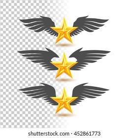 Realistic gold glossy star icons with wings. Isolated on white transparent background. Vector illustration.