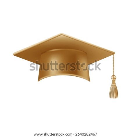 Realistic gold graduate cap. 3D Graduation Doctoral hat. PhD Academic mortarboard. Student degree board. Vector illustration.