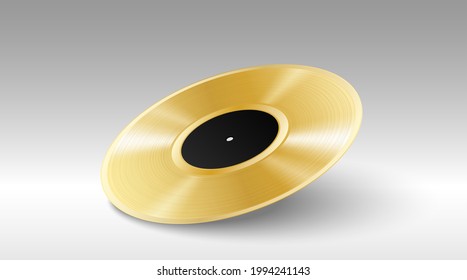 Realistic Gold Gramophone Vinyl LP Record. Golden Retro Music Disc Award. Prize Isolated On White Background. Best Soundtrack Or Hit Song Reward. 3d Vector Illustration