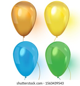 Realistic gold, green, blue and yellow balloons. An illustration of a set of colourful birthday or party balloons