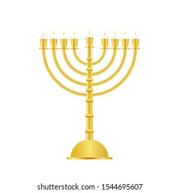 Realistic Gold Hanukkah menorah icon on white background. Vector stock Illustration