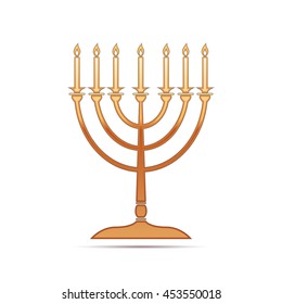 Realistic Gold Hanukkah menorah icon on white background. Vector Illustration