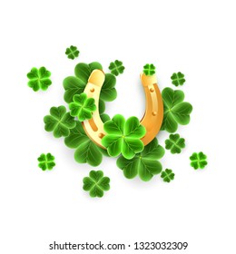 Realistic Gold Horseshoe and Clover Leaf icons to St Patrick's Day holiday. Yellow Horse Shoe, Shamrock grass lucky symbols for Irish festival, Scottish ornament. Good luck sign. Vector illustration