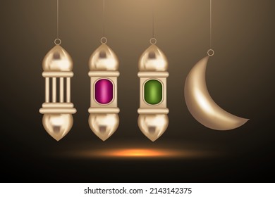 Realistic gold lantern and crescent template isolated. Ramadan kareem islamic greeting background ornament template with realistic 3d golden crescent moon, and hanging lantern.