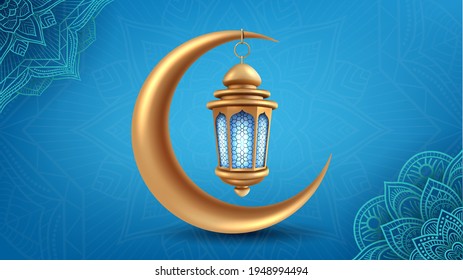 Realistic Gold Lantern hanging on a moon, Islamic background. Vector Illustration