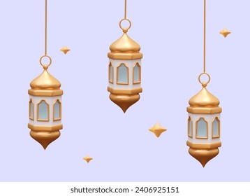 Realistic gold lanterns suspended on purple background. Religious lighting items for celebrating. Concept of Ramadan decorations. Vector illustration in 3d style