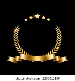 Realistic gold laurel wreath with golden ribbon and three stars. Premium insignia, traditional victory symbol on black backdrop. Triumph, win poster, banner layout , shiny frame, border.