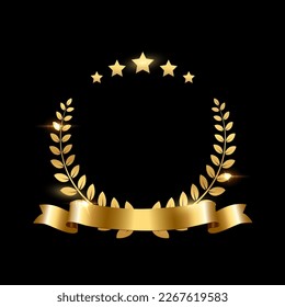 Realistic gold laurel wreath with golden ribbon and three stars. Premium insignia, traditional victory symbol on black backdrop. Triumph, win poster, banner layout , shiny frame, border.