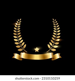 Realistic gold laurel wreath with golden ribbon and star. Premium insignia, traditional victory symbol on black backdrop. Triumph, win poster, banner layout , shiny frame, border.