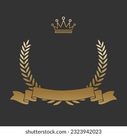 Realistic gold laurel wreath with golden ribbon and crown. Premium insignia, traditional victory symbol on black backdrop. Triumph, win poster, banner layout , shiny frame, border.