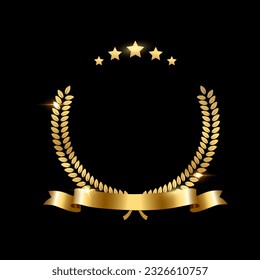 Leyenda de laurel de oro realista con cinta dorada y tres estrellas. Insignia premium, símbolo de victoria tradicional sobre fondo negro. Triunfo, afiche de ganar, diseño de banner, marco brillante, borde.