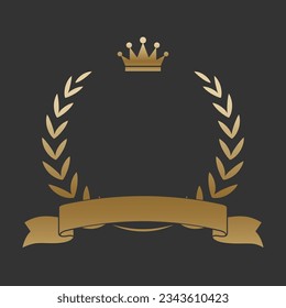 Leyenda de laurel de oro realista con cinta dorada y corona. Insignia premium, símbolo de victoria tradicional sobre fondo negro. Triunfo, afiche de ganar, diseño de banner, marco brillante, borde.