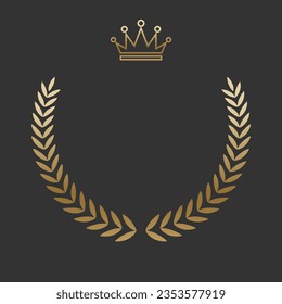 Leyenda de laurel de oro realista con corona dorada. Insignia premium, símbolo de victoria tradicional sobre fondo negro. Triunfo, afiche de ganar, diseño de banner, marco brillante, borde.