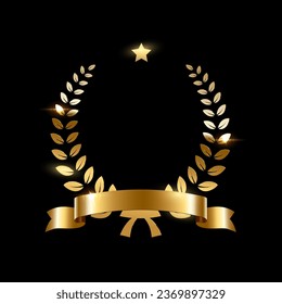 Realistic gold laurel wreath with golden ribbon and star. Premium insignia, traditional victory symbol on black backdrop. Triumph, win poster, banner layout , shiny frame, border.