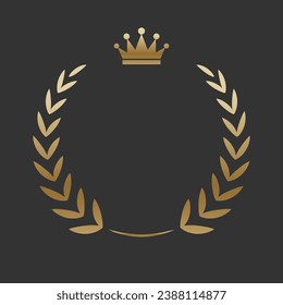 Leyenda de laurel de oro realista con corona dorada. Insignia premium, símbolo de victoria tradicional sobre fondo negro. Triunfo, afiche de ganar, diseño de banner, marco brillante, borde.