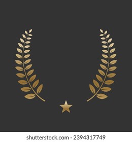 Realistic gold laurel wreath with golden star. Premium insignia, traditional victory symbol on black backdrop. Triumph, win poster, banner layout , shiny frame, border.