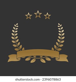 Realistic gold laurel wreath with golden ribbon and stars. Premium insignia, traditional victory symbol on black backdrop. Triumph, win poster, banner layout , shiny frame, border.