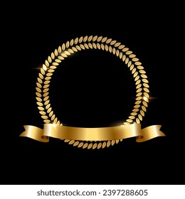 Realistic gold laurel wreath with golden ribbon . Premium insignia, traditional victory symbol on black backdrop. Triumph, win poster, banner layout , shiny frame, border,