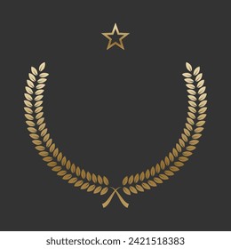 Laurel de oro realista con estrella dorada. Insignia premium, símbolo de victoria tradicional sobre fondo negro. Triunfo, afiche de ganar, diseño de banner, marco brillante, borde.