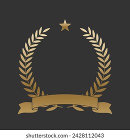 Corona de laurel de oro realista con cinta y estrella doradas. Insignia premium, símbolo de victoria tradicional sobre fondo negro. Triunfo, cartel ganador, diseño de banner, marco brillante, borde.