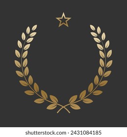 Corona de laurel de oro realista con estrella de oro. Insignia premium, símbolo de victoria tradicional sobre fondo negro. Triunfo, cartel ganador, diseño de banner, marco brillante, borde.