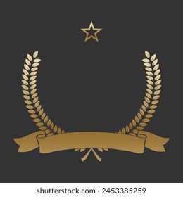 Realistic gold laurel wreath with golden ribbon and star. Premium insignia, traditional victory symbol on black backdrop. Triumph, win poster, banner layout , shiny frame, border.