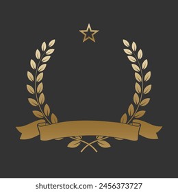 Corona de laurel de oro realista con cinta y estrella doradas. Insignia de Premium, símbolo tradicional de la victoria sobre fondo negro. Triunfo, cartel de la victoria, disposición del Anuncio, marco brillante, borde.