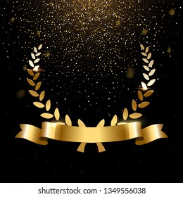 Realistischer Goldlachköpfe mit Textraum. Premium-Insignien, traditionelles Siegessymbol auf schwarzem Hintergrund. Triumph, gewinnen Poster, Bannerlayout mit goldenem glitterem Regen. glänzender Rahmen, Grenze