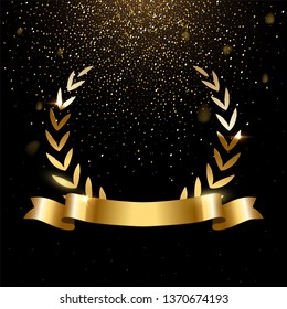 Realistic gold laurel wreath with text space. Premium insignia, traditional victory symbol on black backdrop. Triumph, win poster, banner layout with golden glitter rain. Shiny frame, border