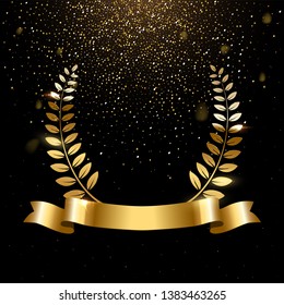 Realistic gold laurel wreath with text space. Premium insignia, traditional victory symbol on black backdrop. Triumph, win poster, banner layout with golden glitter rain. Shiny frame, border