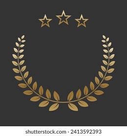 Una corona de laurel de oro realista con tres estrellas doradas. Insignia premium, símbolo de victoria tradicional sobre fondo negro. Triunfo, afiche de ganar, diseño de banner, marco brillante, borde.