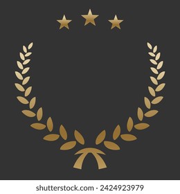 Corona de laurel de oro realista con tres estrellas doradas. Insignia premium, símbolo de victoria tradicional sobre fondo negro. Triunfo, cartel ganador, diseño de banner, marco brillante, borde.