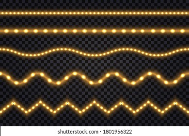 Realistic gold led lines with neon glow light effect. Illuminated strips and waves, set of isolated tapes on transparent background. Vector illustration