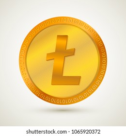 Realistic gold litecoin icon. Cryptocurrency.  Digital currency. Virtual money. Golden coins. Blockchain technology. Easy to use vector element of design for websites, social media, apps, etc.
