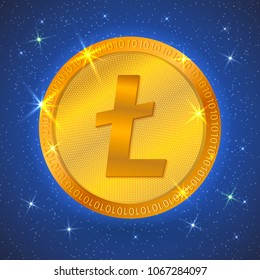 Realistic gold litecoin icon in space. Cryptocurrency.  Digital currency. Virtual money. Golden coins. Blockchain technology. Easy to use design template for your business projects.