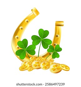 Realistic Gold Lucky Horseshoe vector icon. St. Patrick traditional design element.