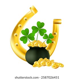 Realistic Gold Lucky Horseshoe vector icon. St. Patrick traditional design element.