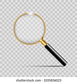 Realistic gold magnifier on transparent background. Vector