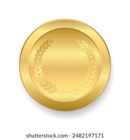 Realistic Gold medal with laurel wreath, circle golden coin award vector illustration. 3D golden winner badge, medallion for champion, shiny trophy prize design of circle shape collection Vector EPS10