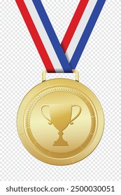 Realistic gold medal mockup. Gold medal with ribbon. Design winner golden medal prize. Winner award medal. Vector illustration