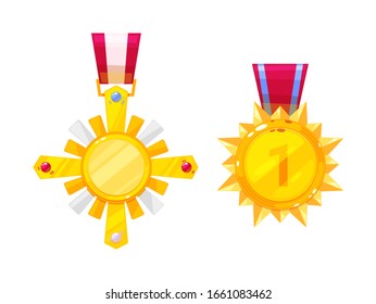 Realistic gold medal, order, award with red ribbon. Golden 1st place badge. Sports award medal of champion for merits, victory in competitions, badge of leader, winner vector illustration