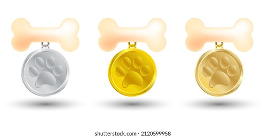 realistic gold medal with paw print and bone for champion dog. Prize for the winner of the pet competition among dogs and puppies. Vector isolated on white background